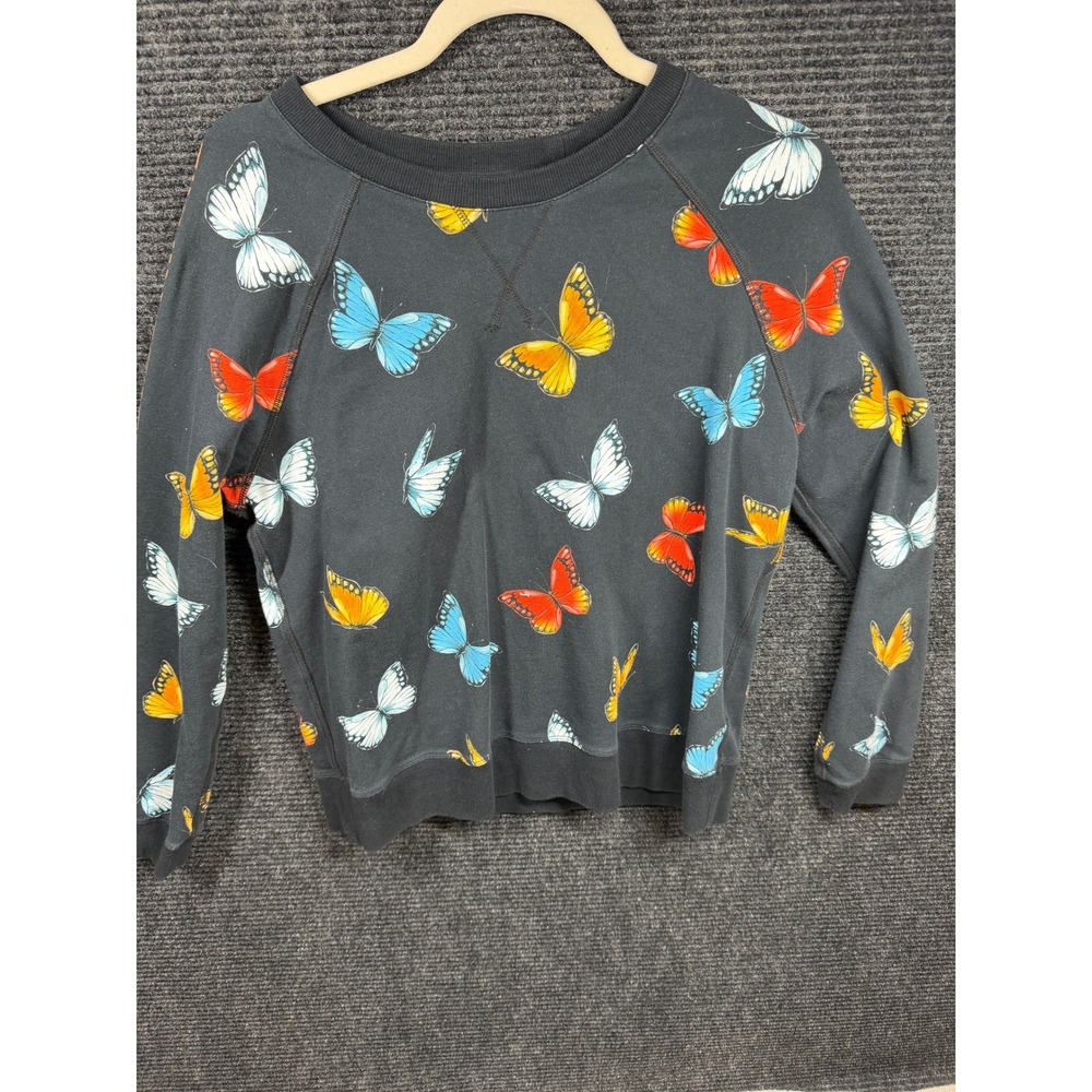 Johnny Was Butterfly Print Leopard Stripe Raglan Sweatshirt Black XS